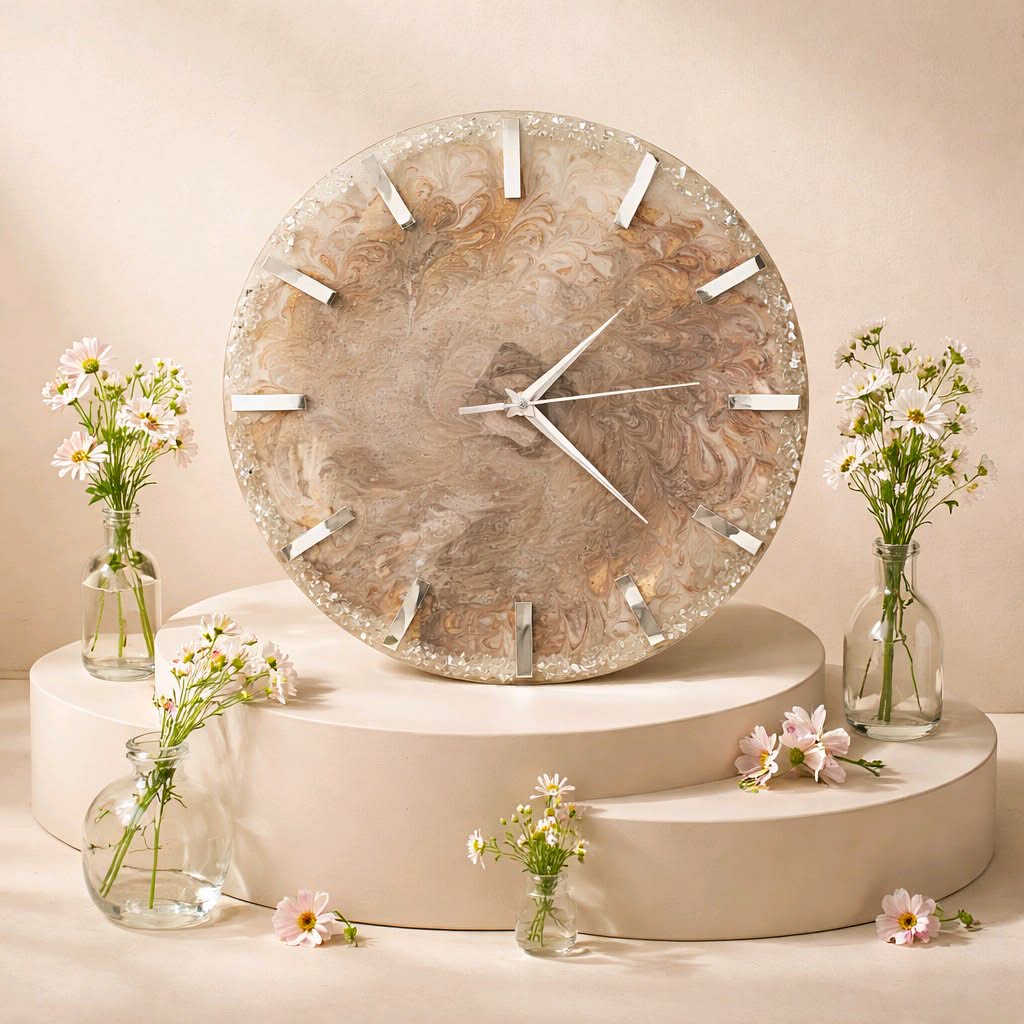 Decorative wall clock with floral arrangements on a beige background