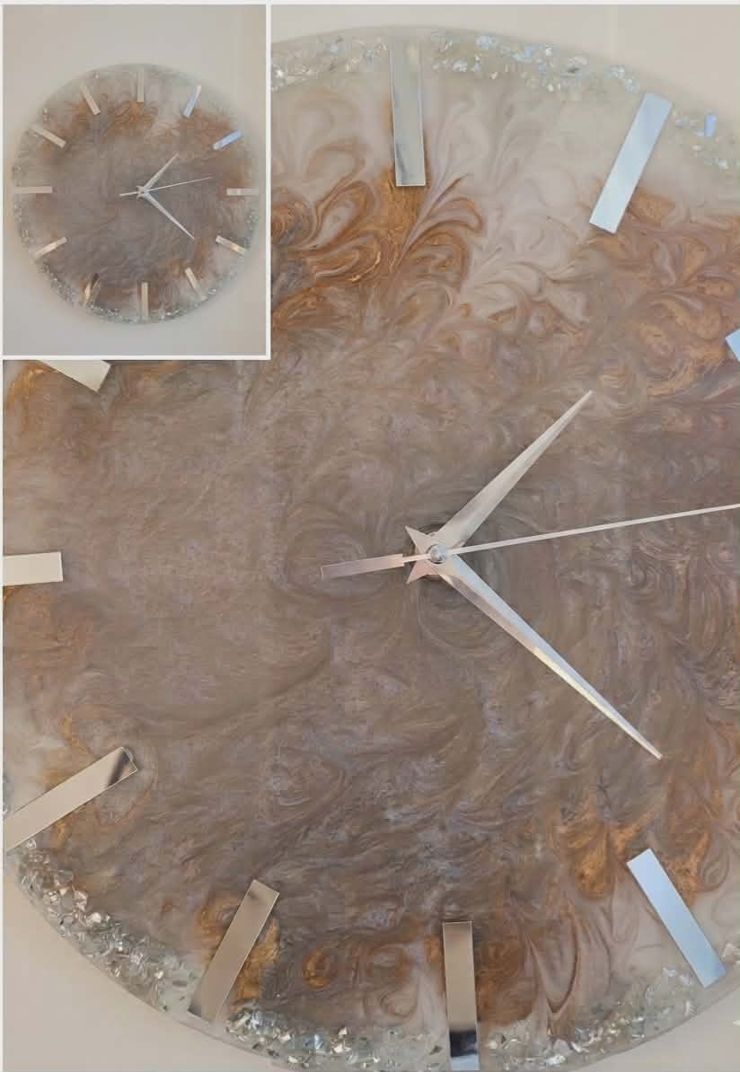 Decorative wall clock with a brown and beige marbled design, featuring a close-up inset.