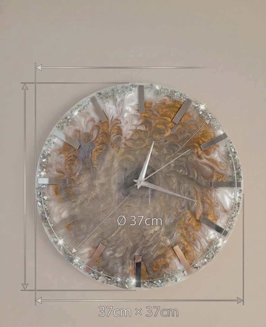 Decorative wall clock with floral design and measurements on a beige background