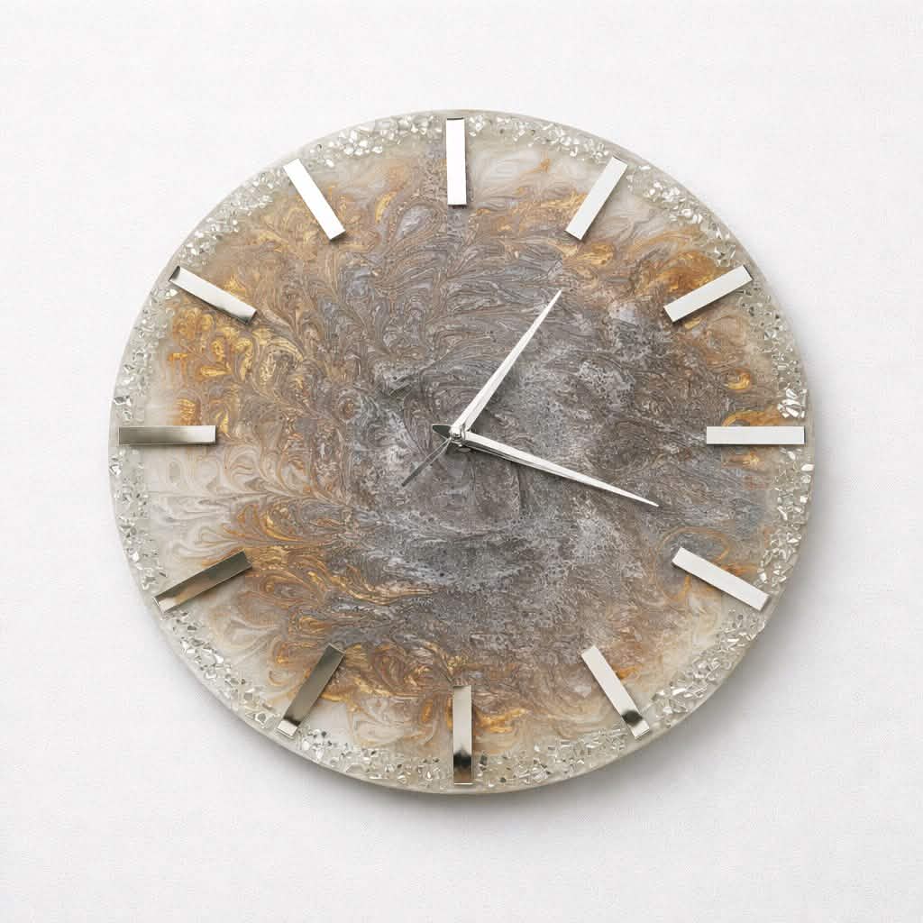 Decorative wall clock with a textured surface on a white background
