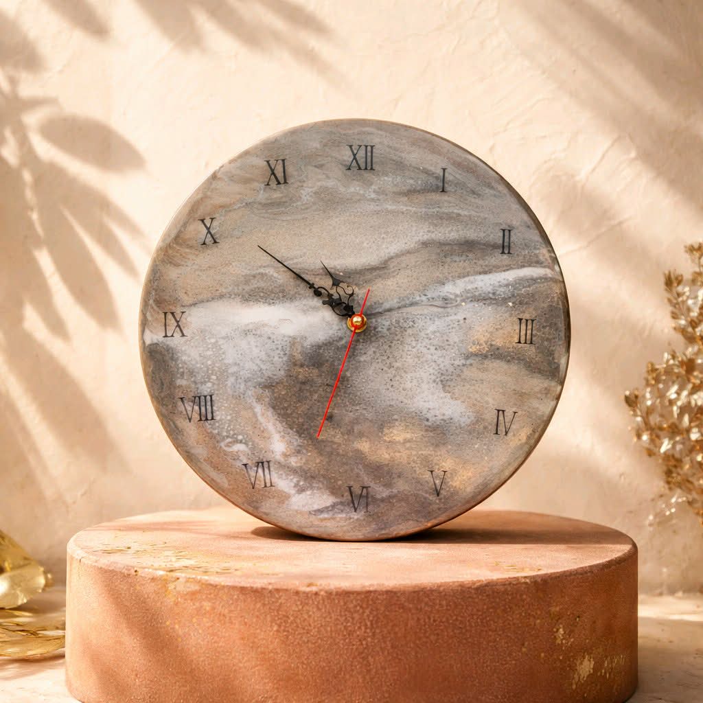 Round clock with Roman numerals on a wooden stand against a beige background
