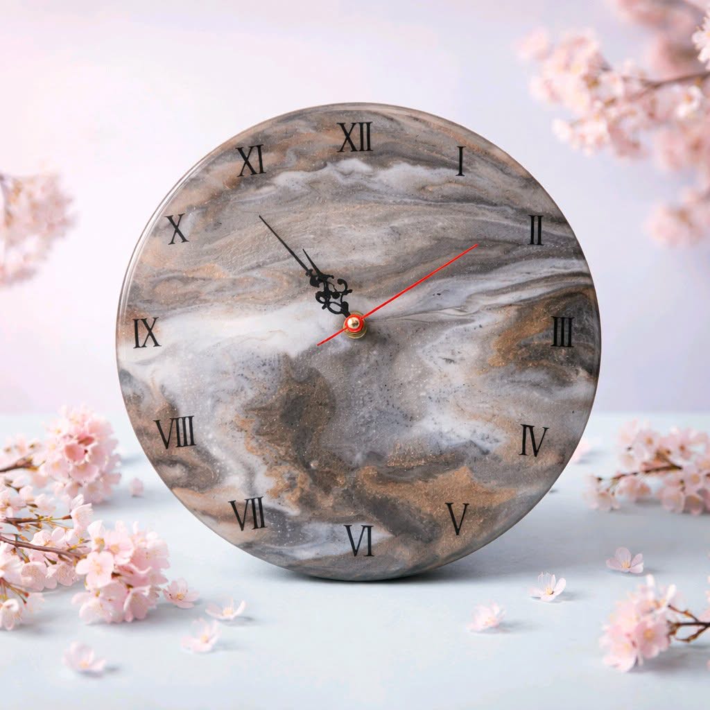 Marble-patterned clock with Roman numerals on a light background with pink flowers.