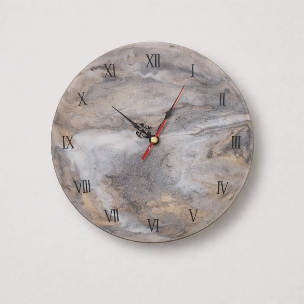 Round wall clock with marble-like design on a light gray background