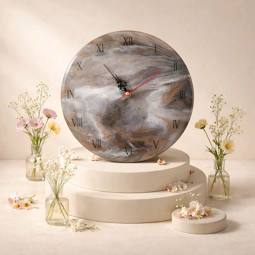 Marble-patterned clock on a decorative stand with small vases and flowers.