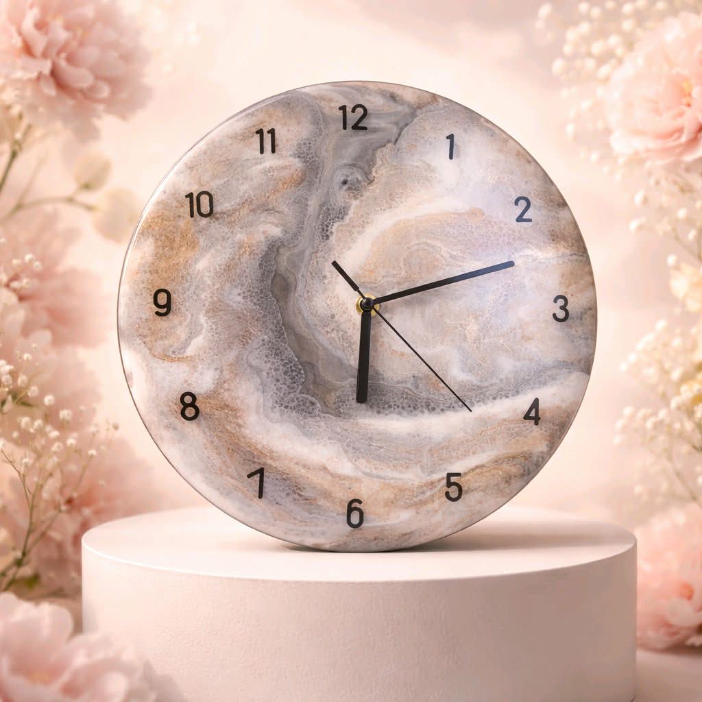 Marble-patterned clock on a white pedestal with a soft pink floral background