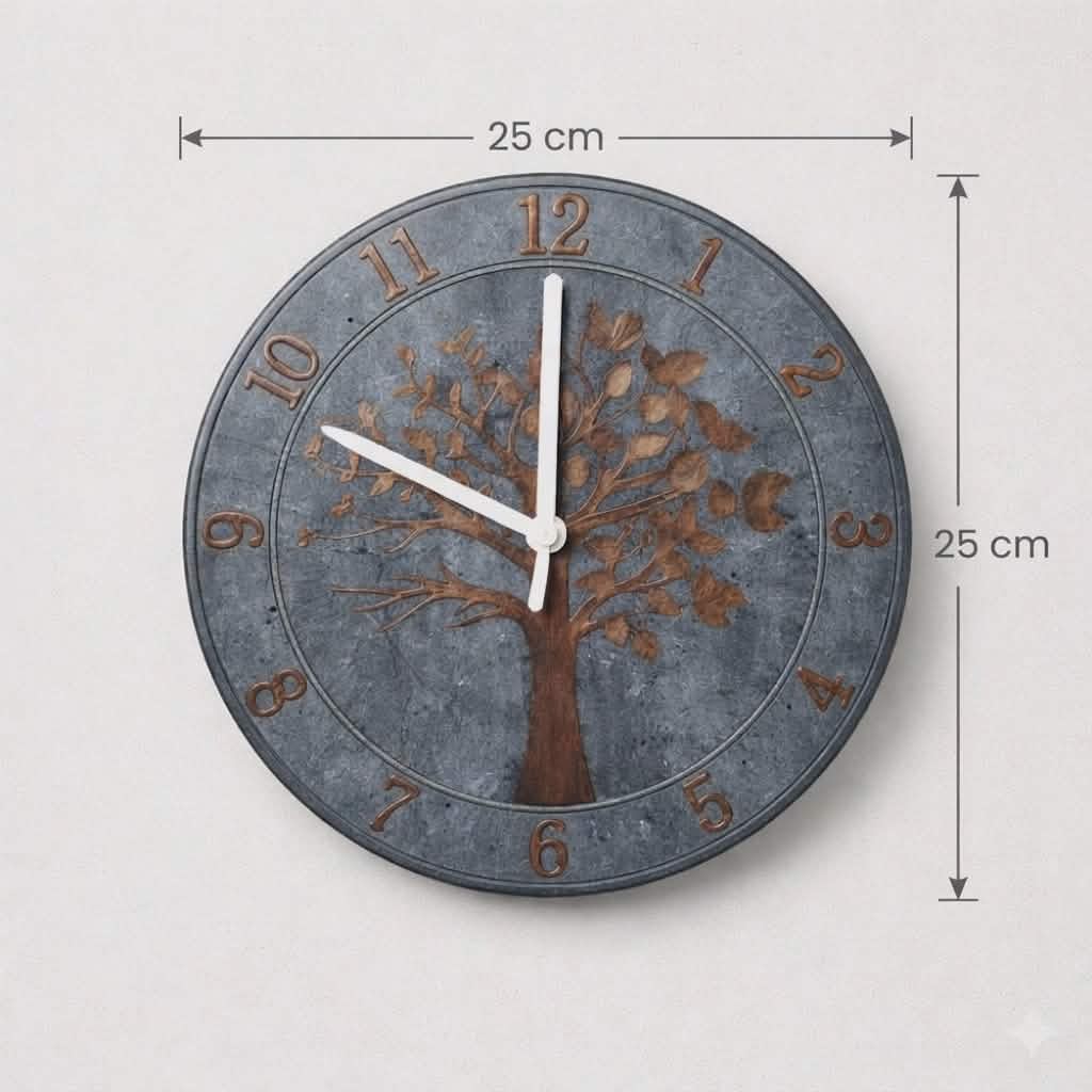 Round wall clock with tree design and measurements on a light gray background