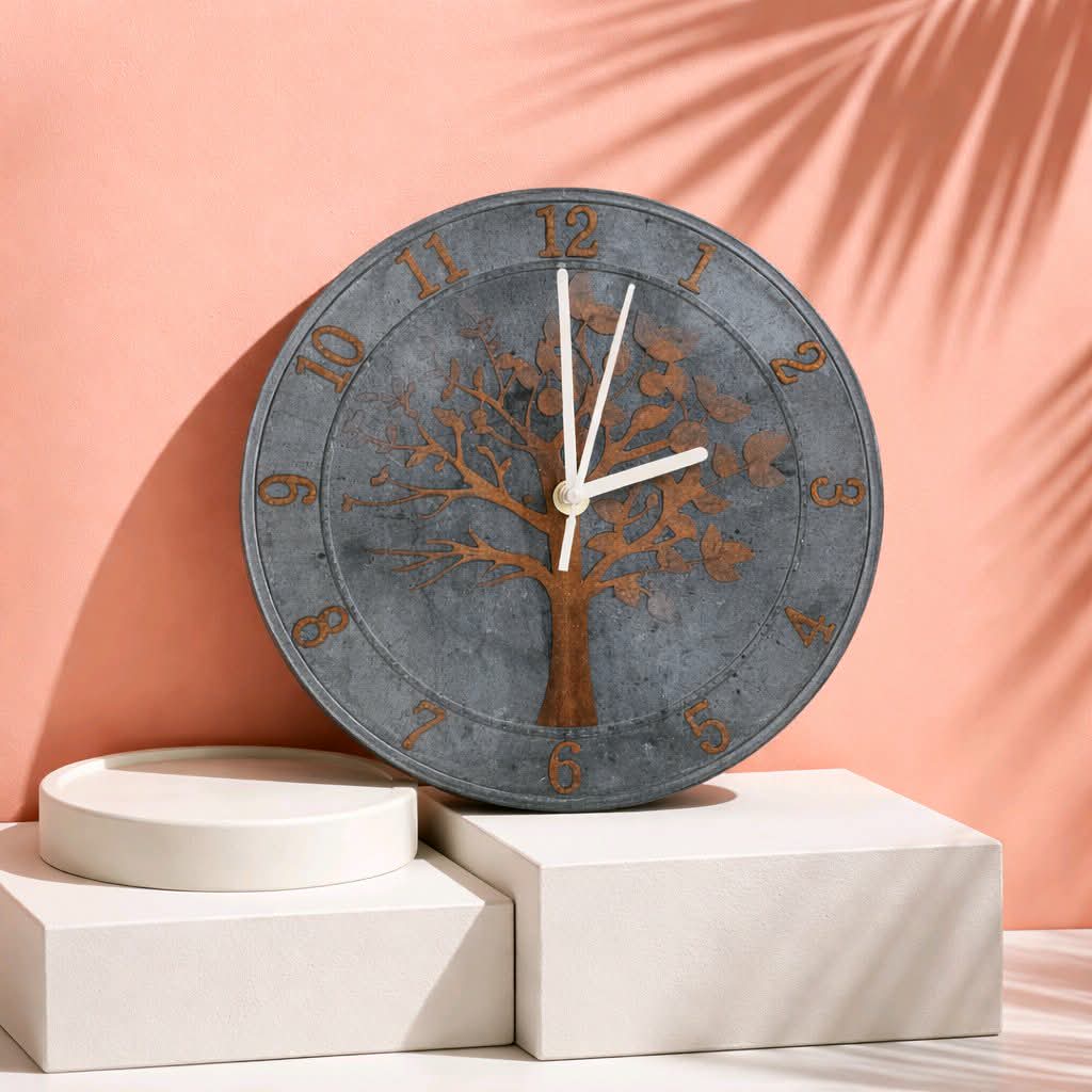 Decorative clock with tree design on a pink background