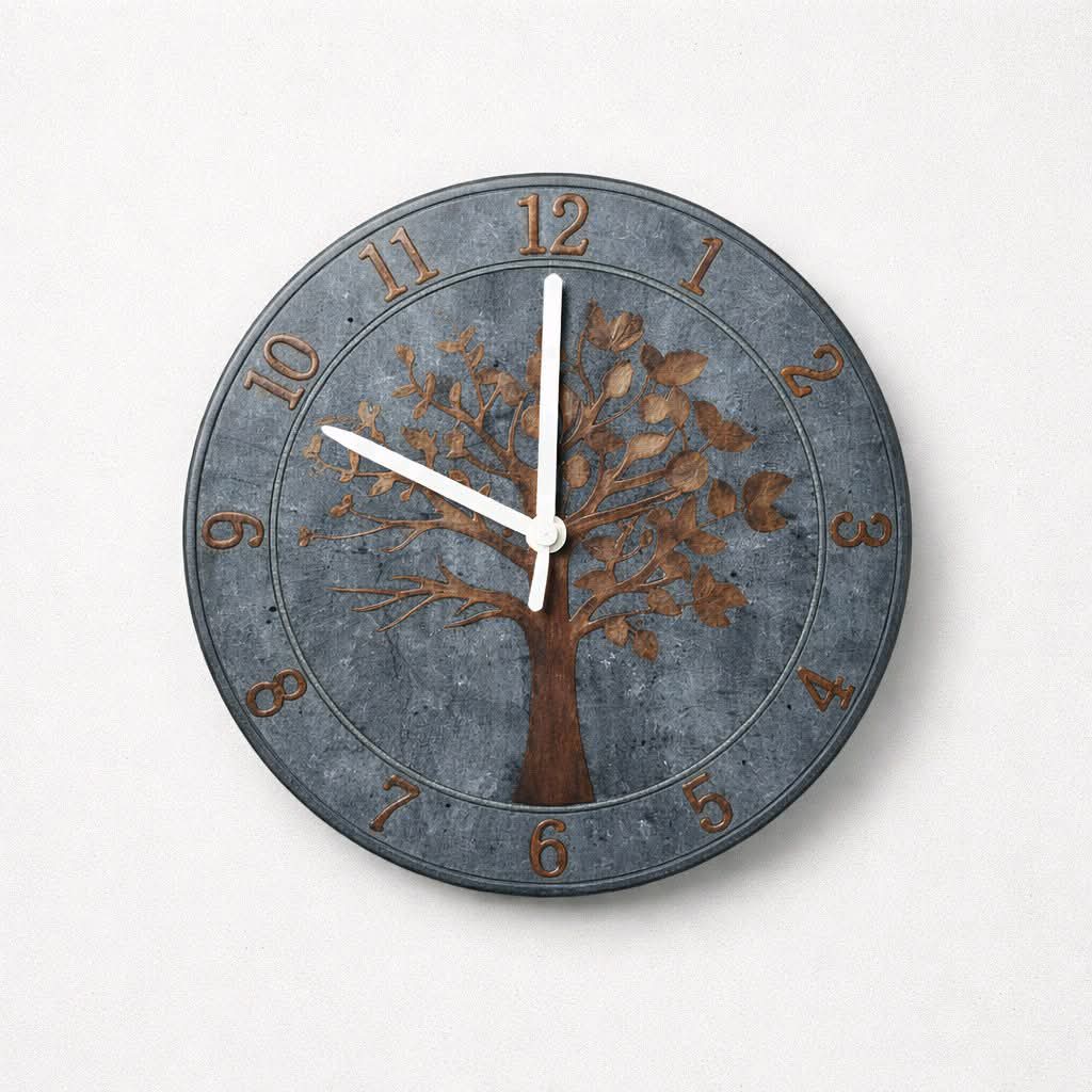 Round wall clock with tree design on a white background