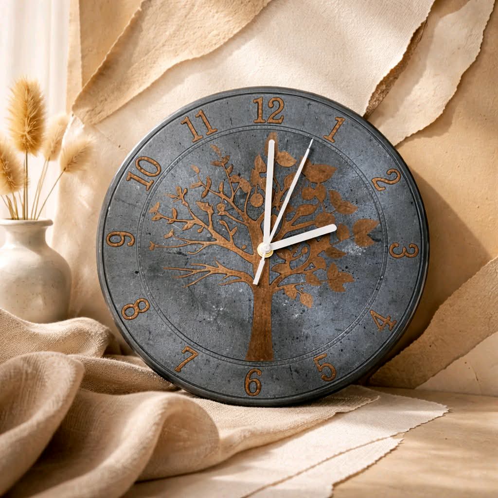 Decorative wall clock with tree design on a textured beige background