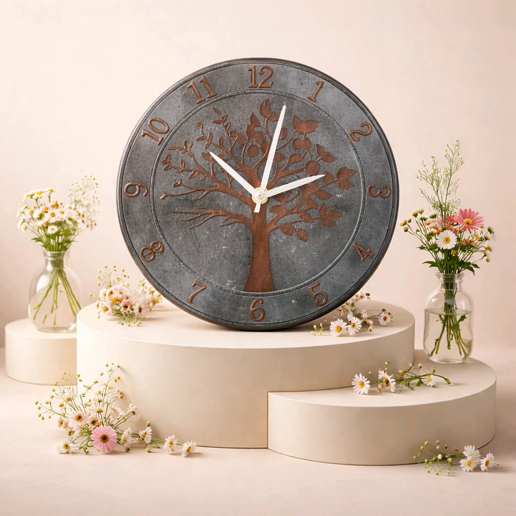 Decorative wall clock with tree design on a white pedestal with floral arrangements.