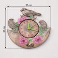 Decorative wall clock with floral and bird designs, shown with dimensions on a white background.