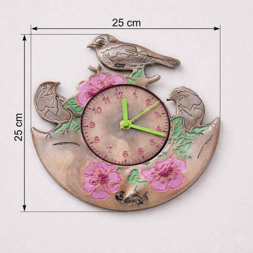 Decorative wall clock with floral and bird designs, shown with dimensions on a white background.
