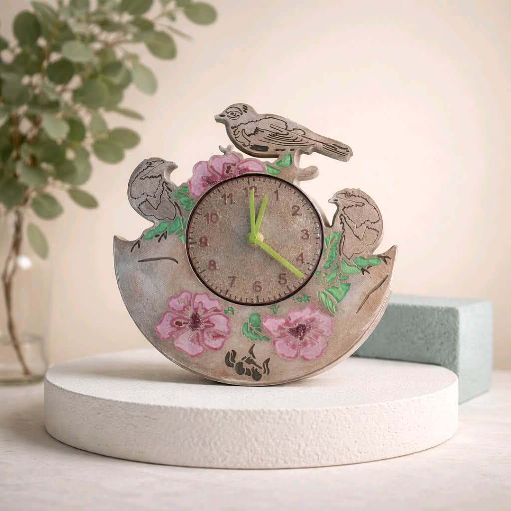 Decorative clock with birds and flowers on a white surface