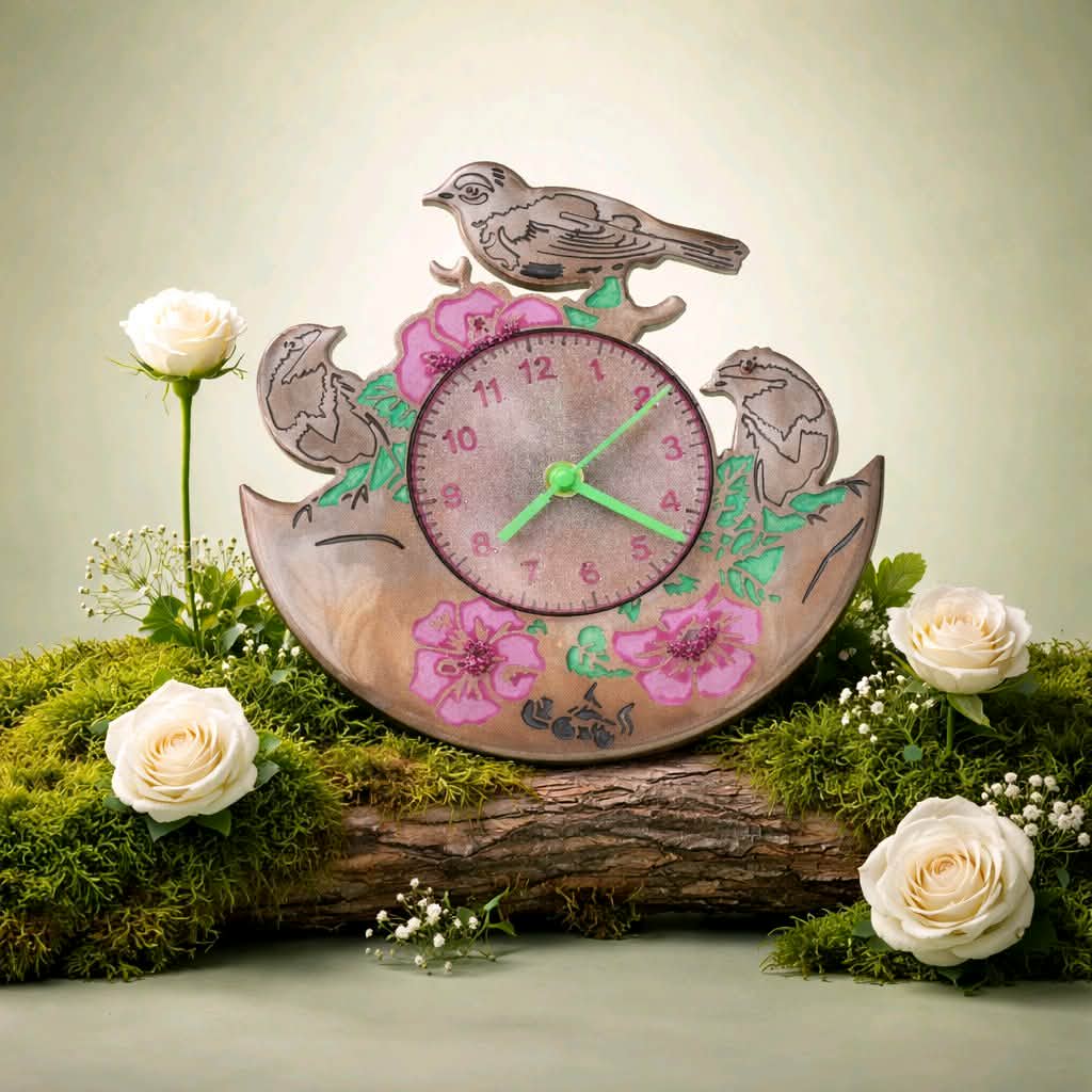 Decorative clock with floral and bird design on a natural background with flowers and moss.