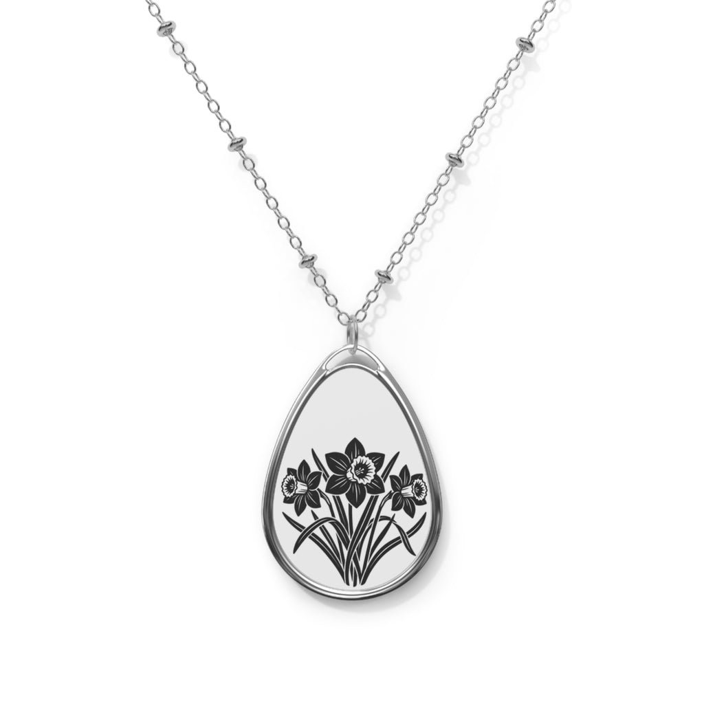 Daffodil Oval Pendant Necklace — Birth Floral Engraved Teardrop Locket