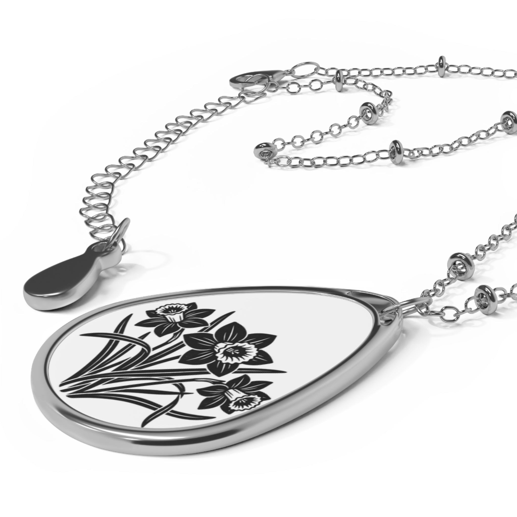 Daffodil Oval Pendant Necklace — Birth Floral Engraved Teardrop Locket