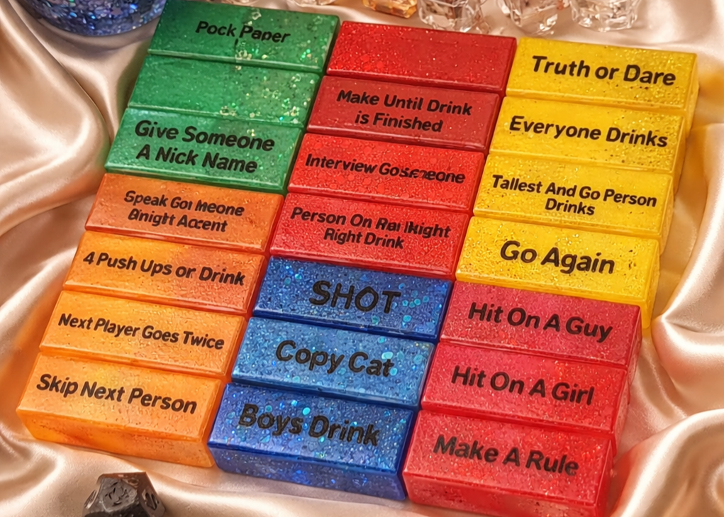 Adult party tower drinking game with epoxy resin blocks, angled view