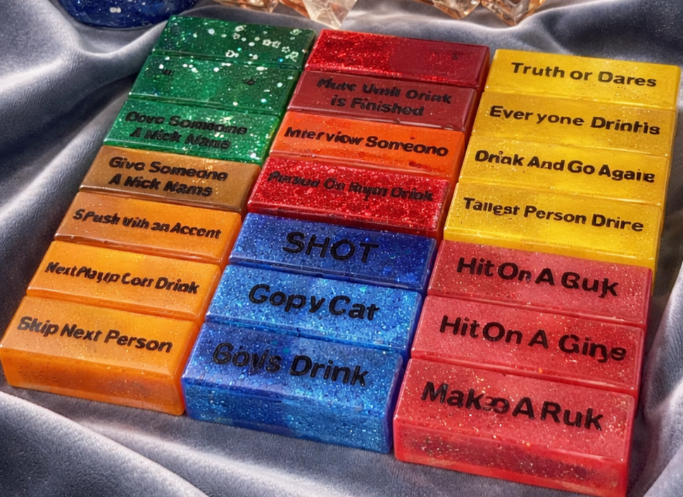 Colorful game cards with text on a silver surface