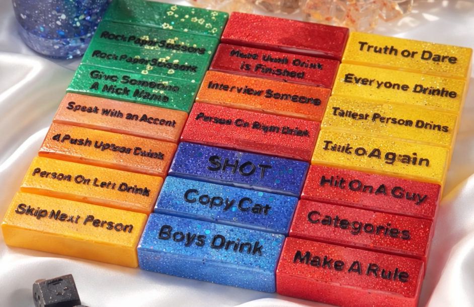 Handcrafted resin party tower challenge game, top view