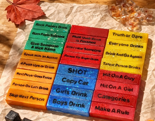 Epoxy resin tower drinking game blocks, close-up detail
