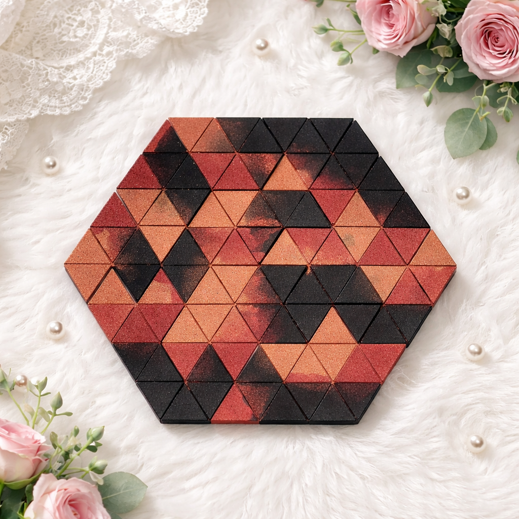 Handmade black copper resin triangle puzzle, product photo on white background