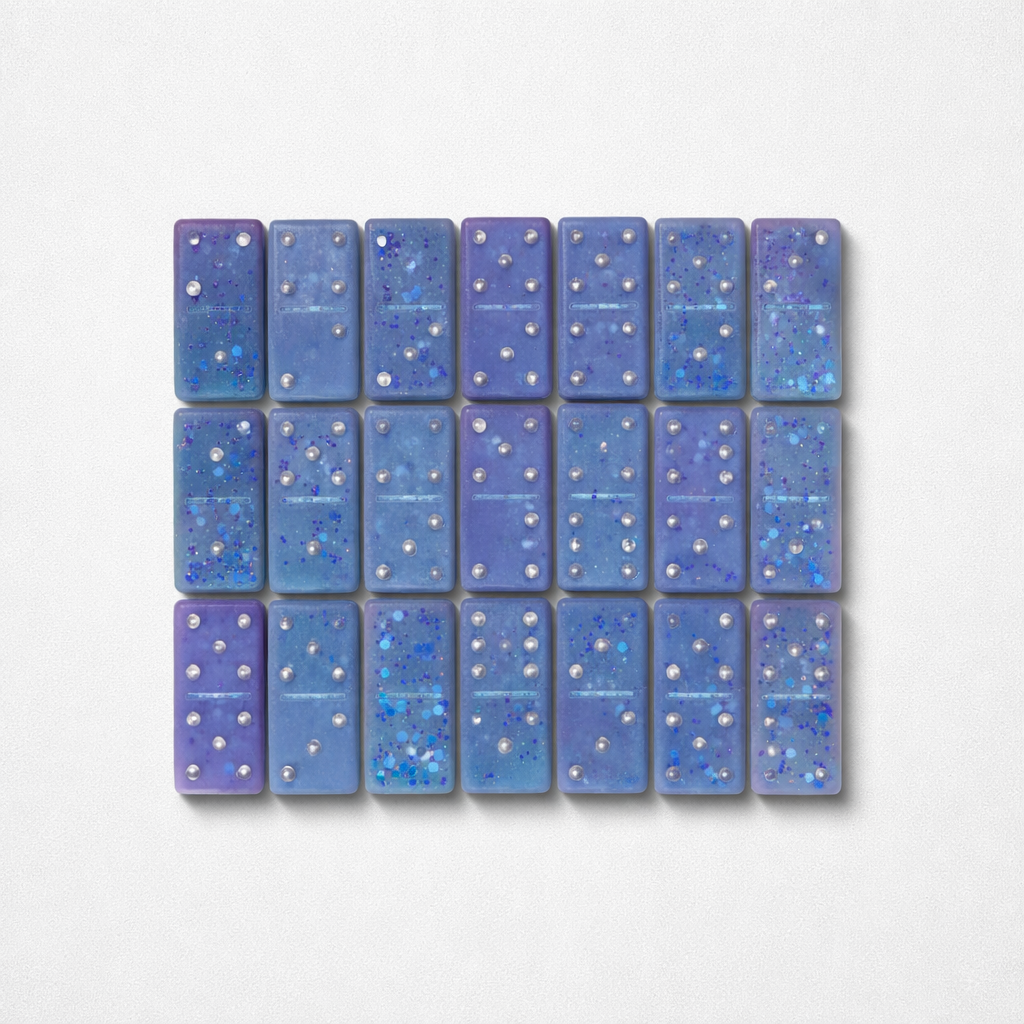 Handmade blue glitter epoxy resin domino set, main product photo