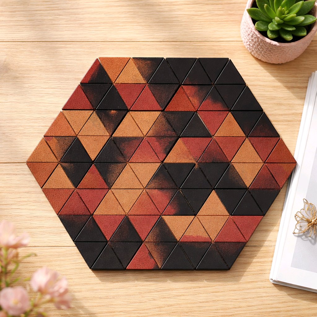 Hexagonal wooden puzzle on a wooden surface with a plant and book in the background