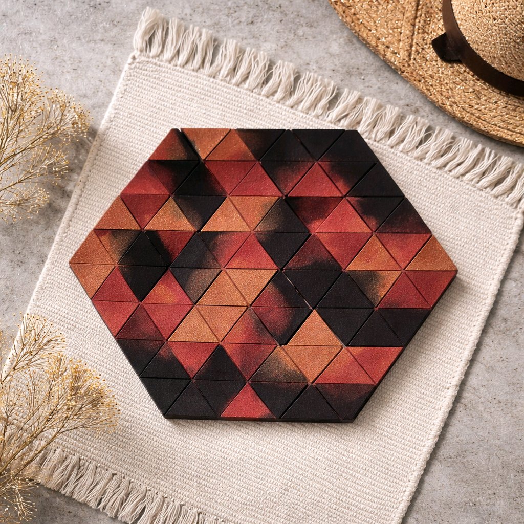 Hexagonal wooden puzzle on a textured surface with a hat and dried plants.