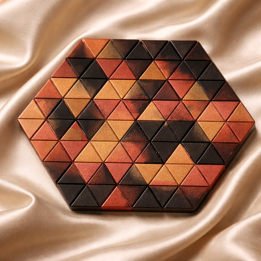 Black copper geometric resin triangle puzzle, angled view