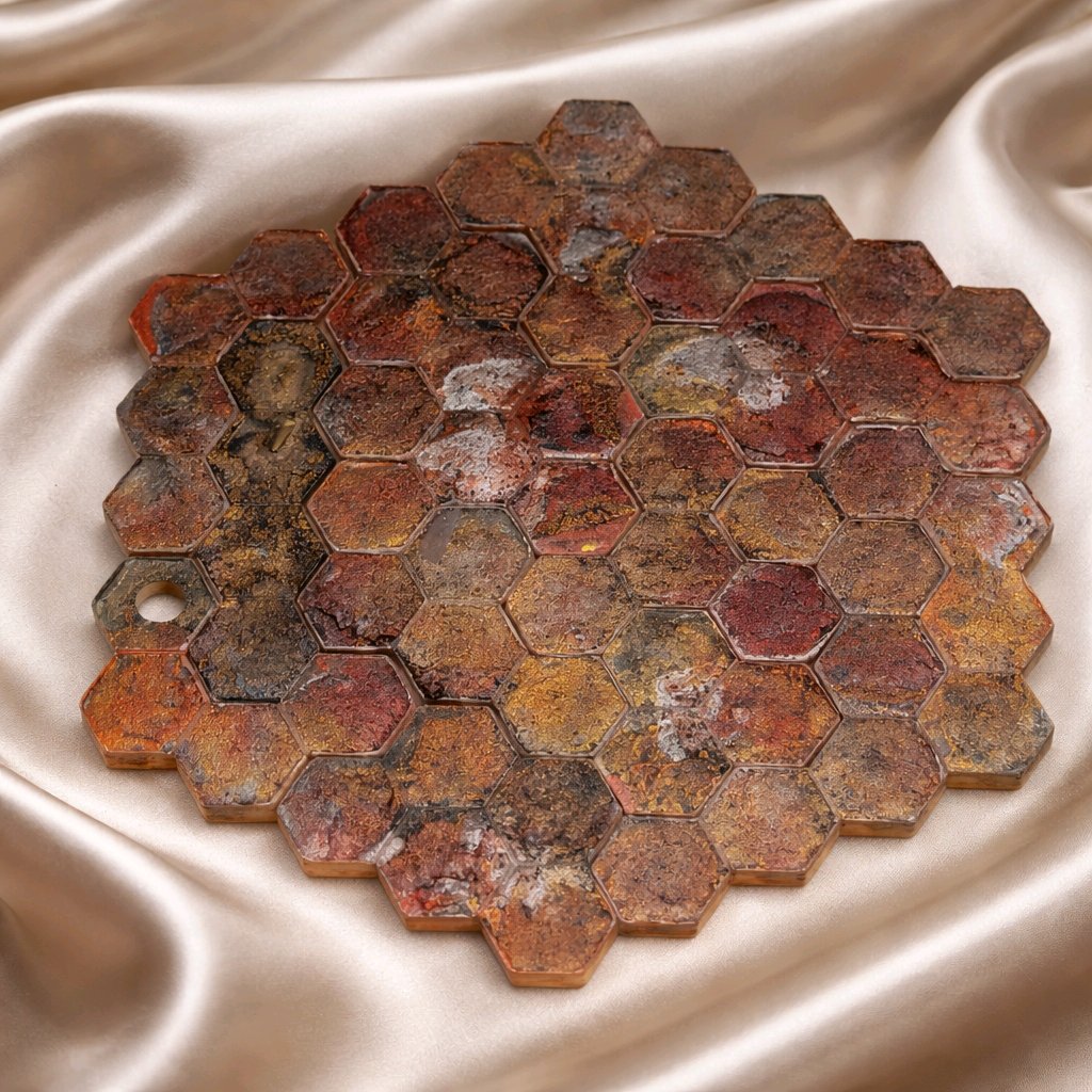 Hexagonal metal tiles with a rusted finish on a satin surface