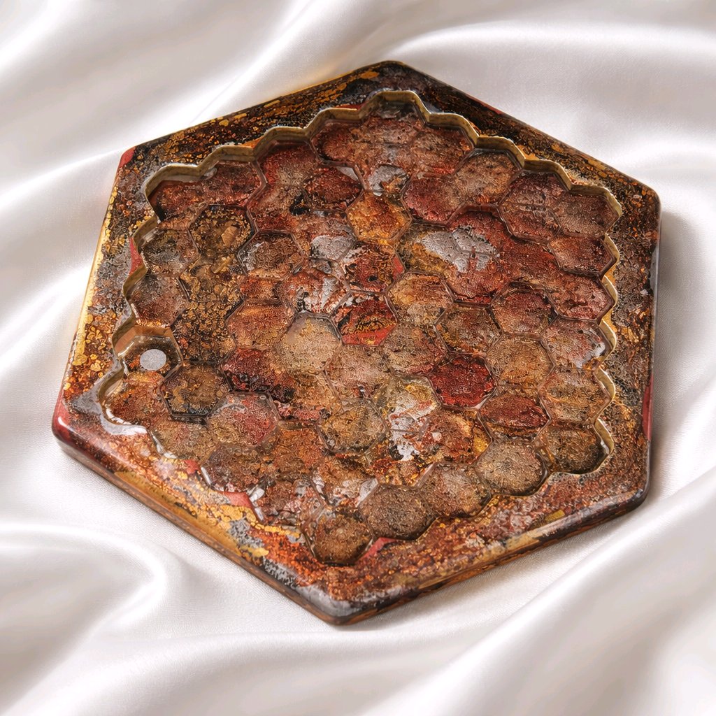 Hexagonal rusty metal object on a white fabric background