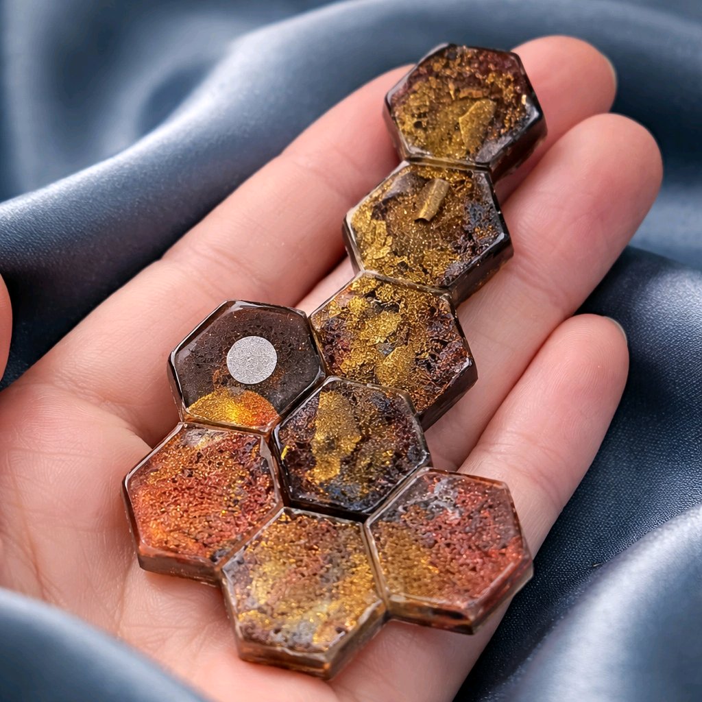 Hexagonal stone with a metallic center held in a hand against a blue fabric background
