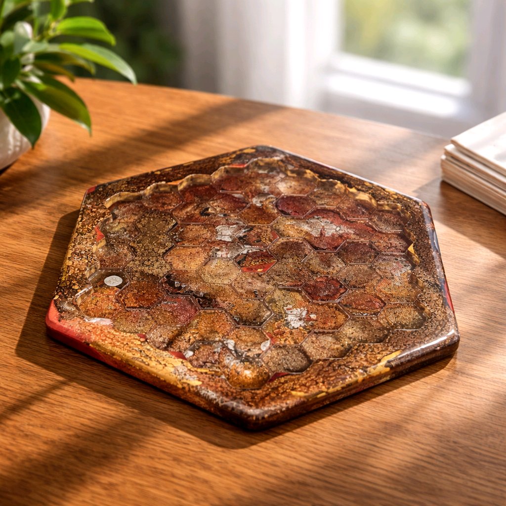 Hexagonal ceramic plate with a textured surface on a wooden table
