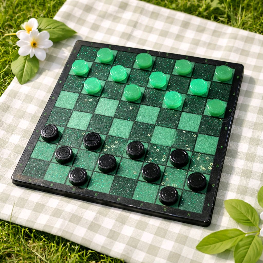 Checkers board with green and black pieces on a checkered blanket outdoors