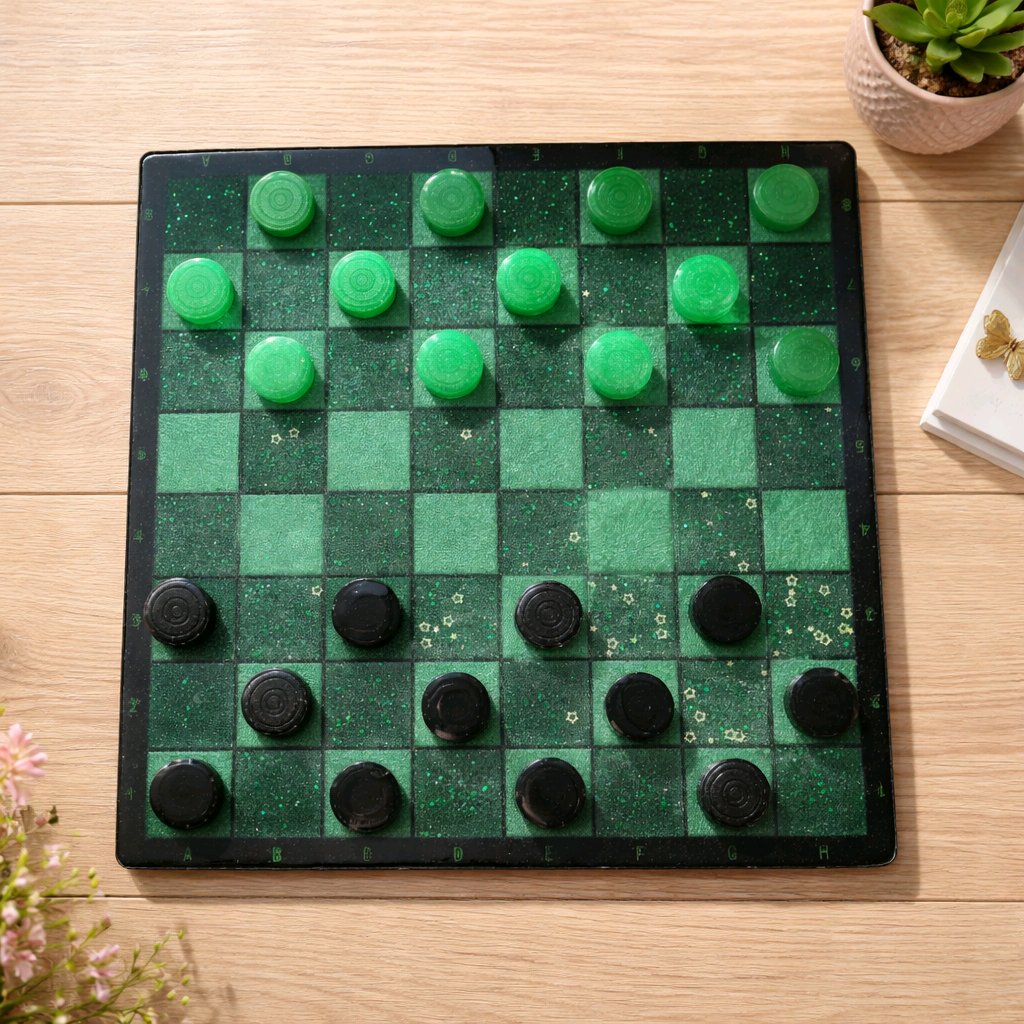 Emerald green resin checkers pieces, close-up detail