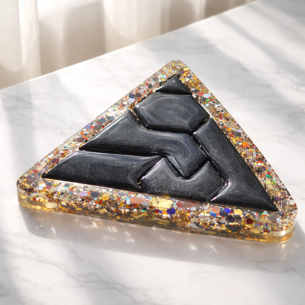 Triangular decorative object with a black central design on a marble surface