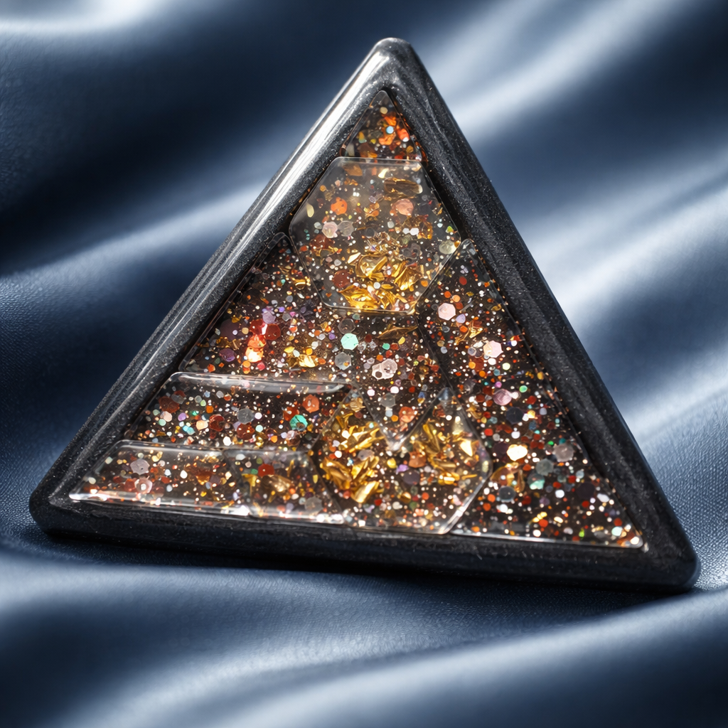 Epoxy resin glitter triangle puzzle piece, angled view