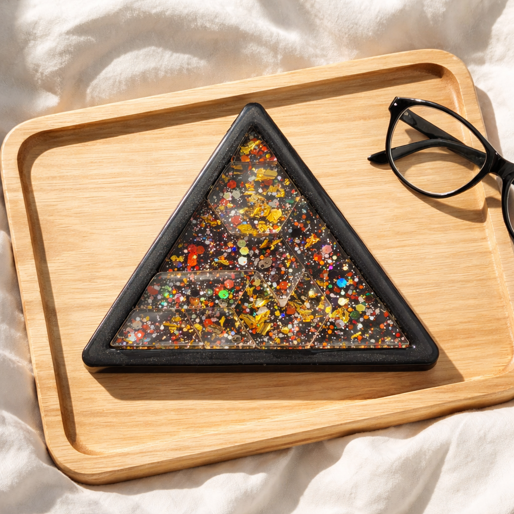 Handmade resin brain puzzle with glitter, side view