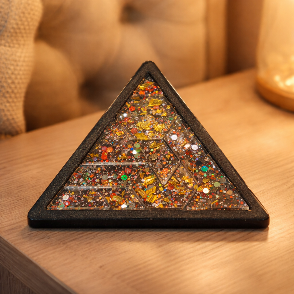 Resin brain puzzle glitter triangle, product photo on white background