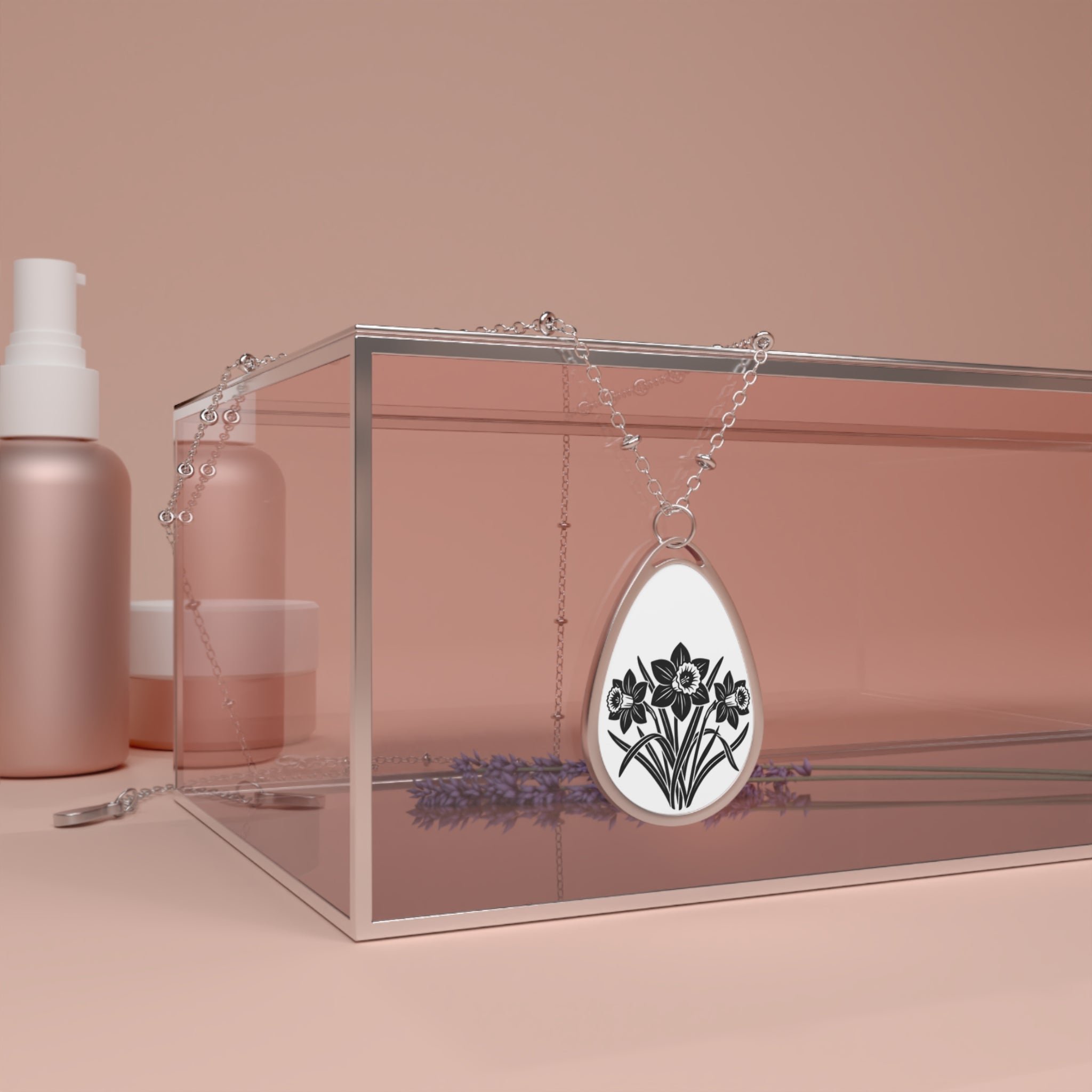 Daffodil Oval Pendant Necklace — Birth Floral Engraved Teardrop Locket