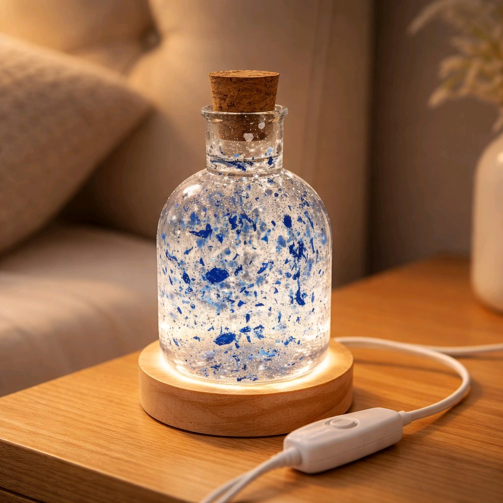 Decorative lamp with speckled blue design on a wooden base, plugged into a white cable, on a wooden surface.