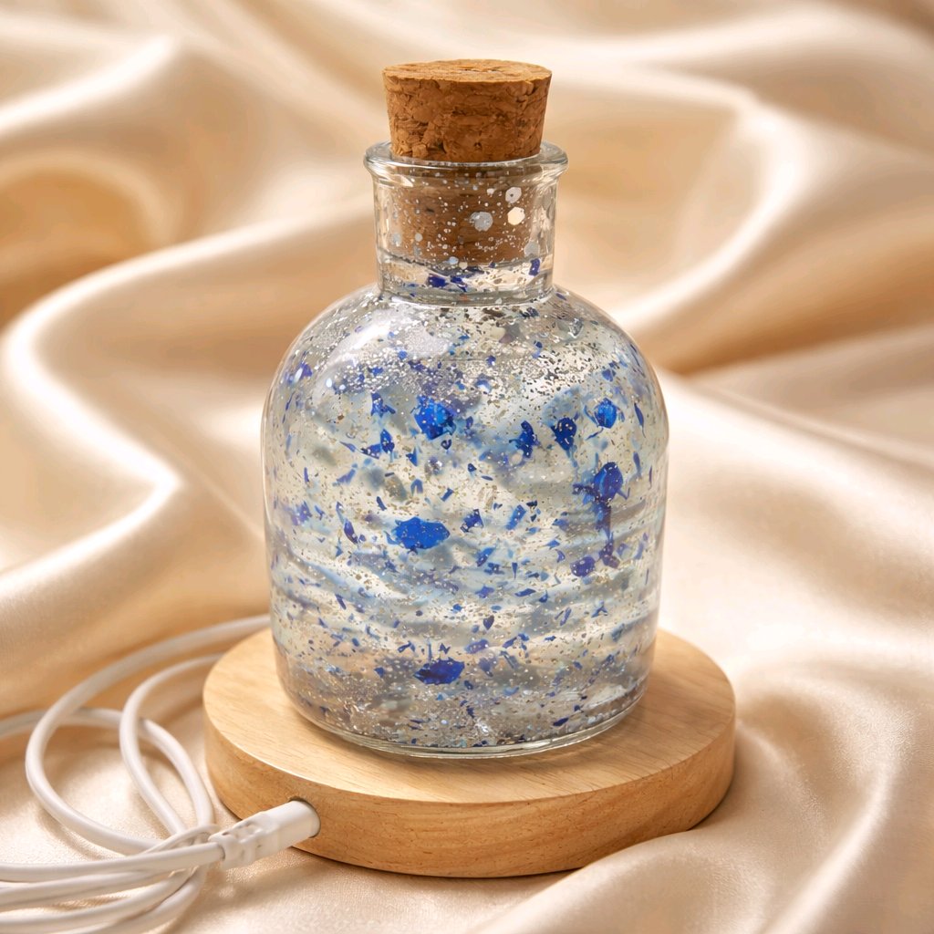 Glass bottle with cork lid on a wooden coaster, filled with blue and white speckled material, on a beige fabric background.