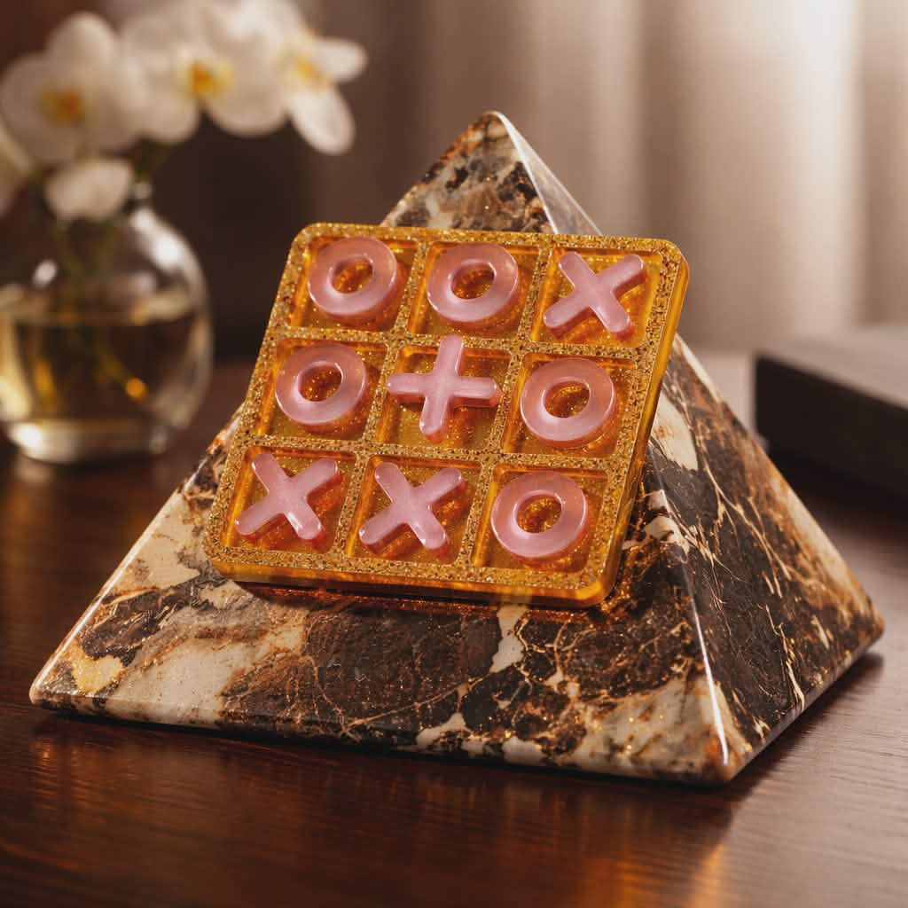 Handmade resin tic tac toe game glowing in the dark, lifestyle photo