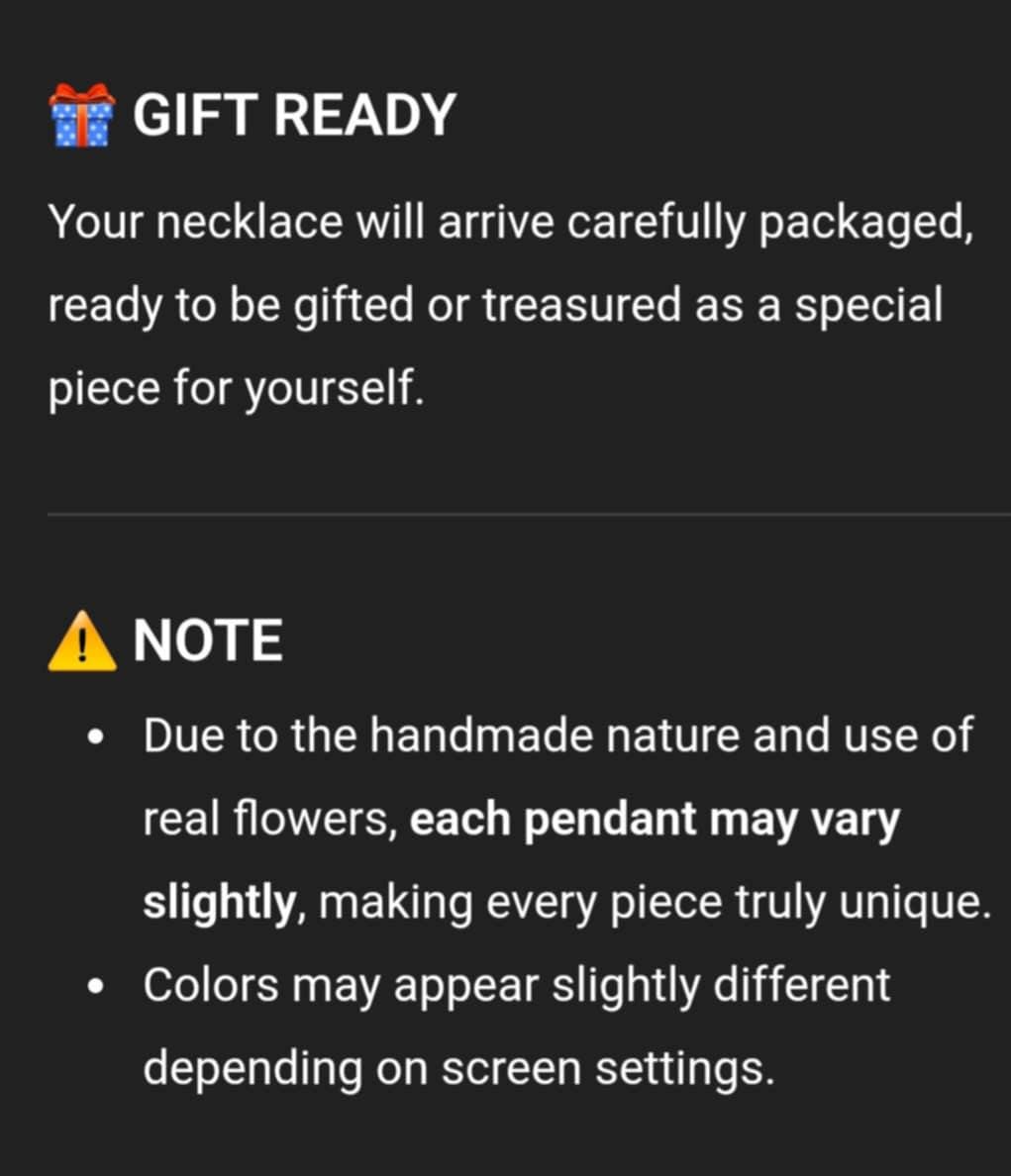 Text message about a gift-ready necklace with packaging information and notes on handmade nature and color variations.