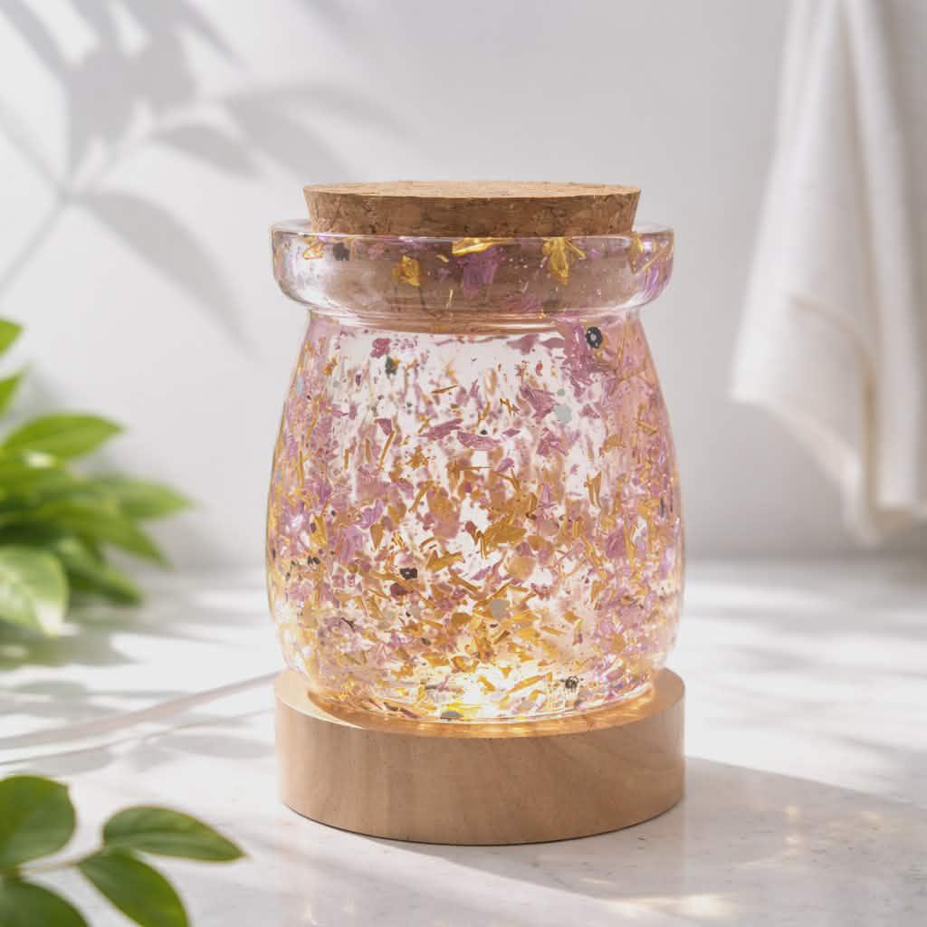 Glass diffuser with cork lid on a light surface, surrounded by greenery