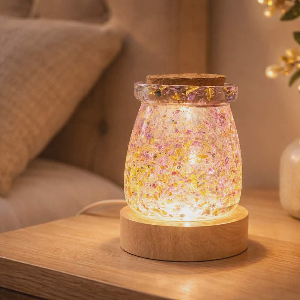 Decorative lamp with floral design on a wooden base in a cozy indoor setting.