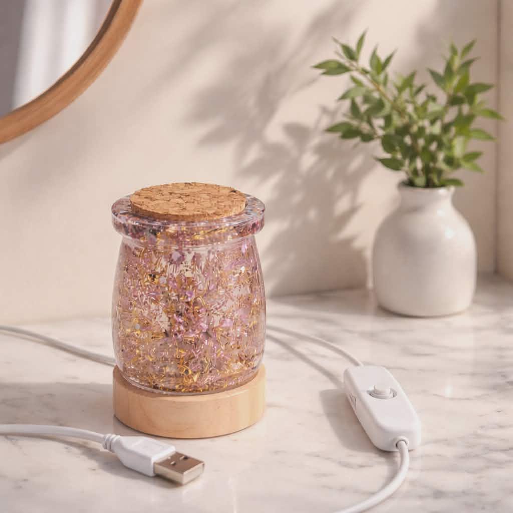 Decorative lamp with cork lid on a marble surface, with a plant and mirror in the background.