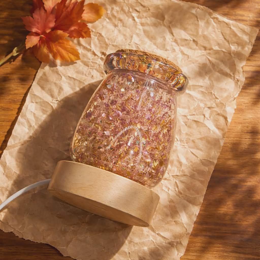 Decorative lamp with glittery interior on a wooden surface with a leaf