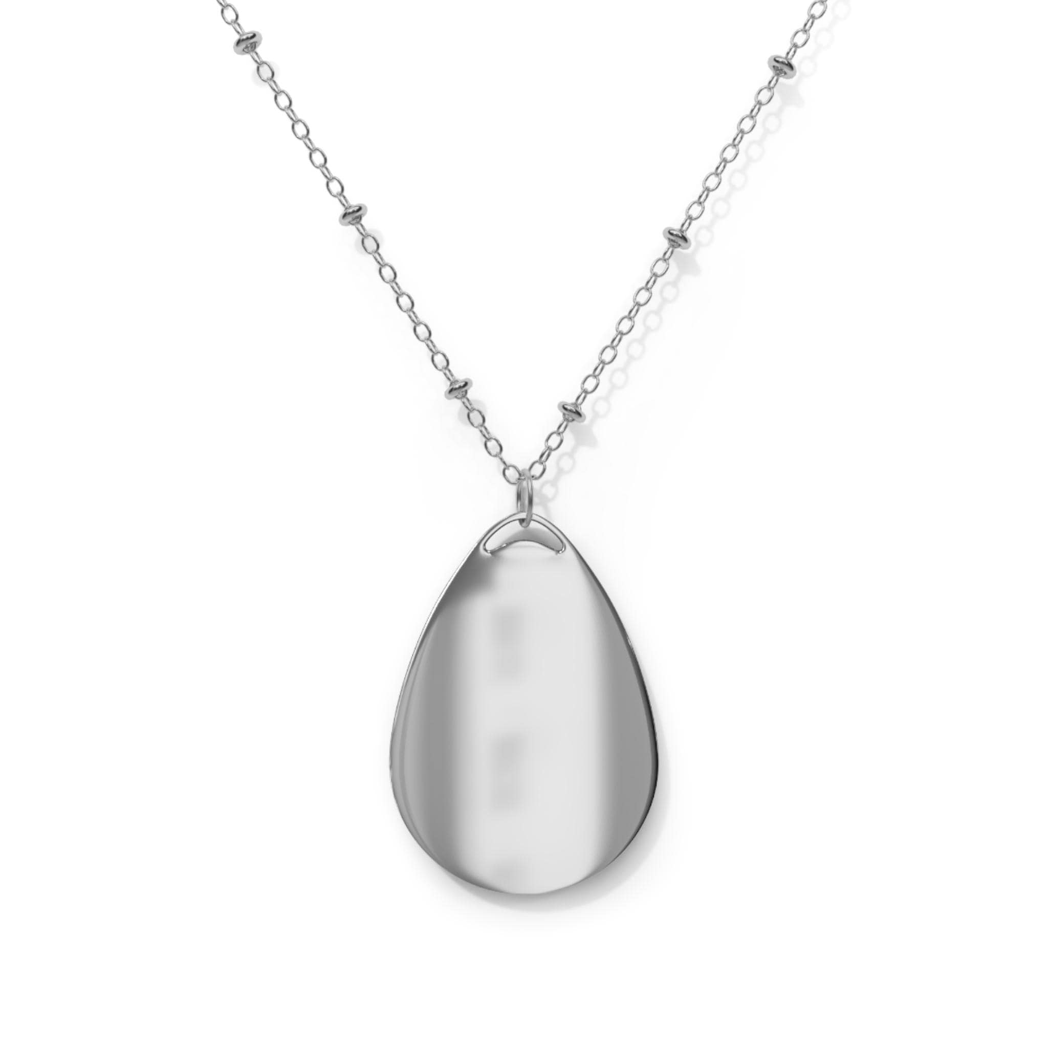 Silver teardrop pendant necklace on a white background.