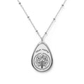 Teardrop - shaped silver pendant with sweet pea floral Design on a White Background.
Personalized Name, birth month  necklace, April birth month